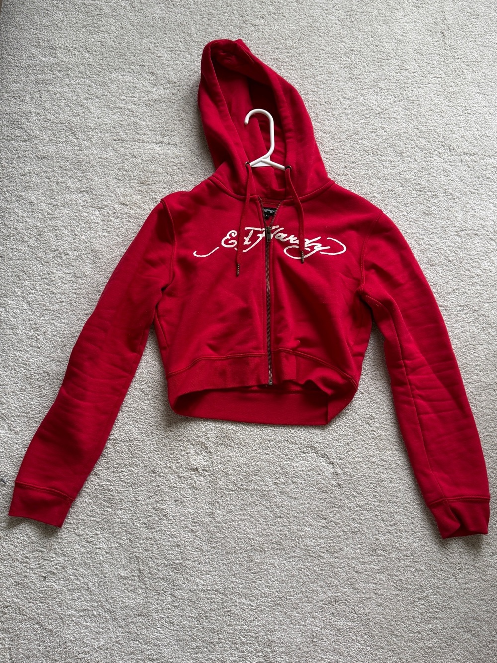 Ed Hardy Red Cropped Zip Hoodie with White Script Logo